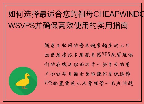 如何选择最适合您的祖母CHEAPWINDOWSVPS并确保高效使用的实用指南